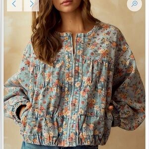 Hazel Blues Floral Light Blue Cropped Zip-Up Denim Jacket - Women's Jean Jacket